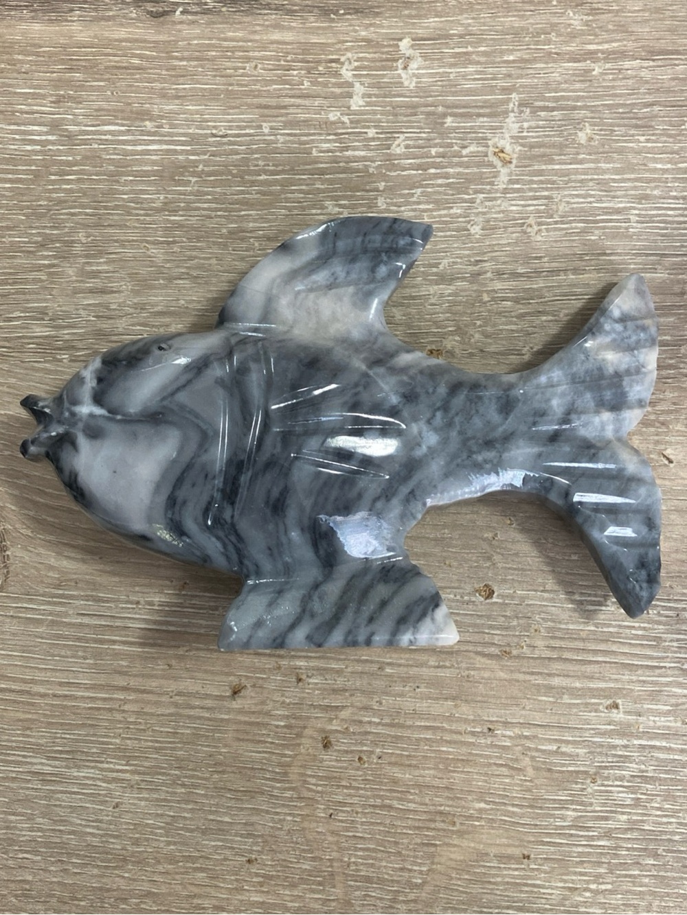 Vintage Marble-Pattern Stone Carved Gray Fish Figurine Decorative Accent
